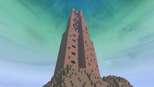 The Sky Pillar looms ominously above the ocean. Built by SorathePumpking, seen in March 2024.