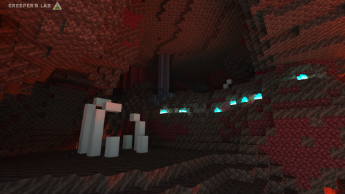 A soul sand valley featuring a large fossil, seen in Rodinia's Nether sometime in 2024.